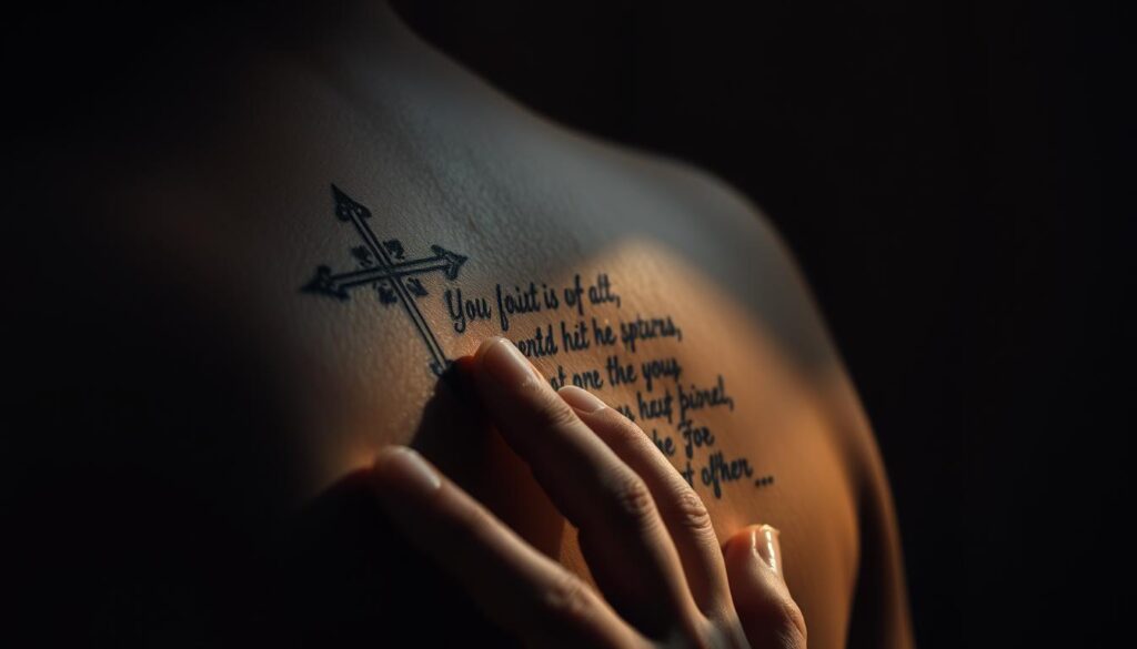 A serene, dimly lit scene depicting a person's hand reverently tracing the intricate lines of a faith-inspired tattoo. The skin's canvas is a tapestry of symbolic imagery - a cross, a dove, or scriptures woven with delicate brushstrokes. Soft, warm lighting casts gentle shadows, creating an atmosphere of contemplation and personal significance. The focus is on the subtle interplay between the tattoo, the skin, and the individual's gaze, conveying a sense of balance between cultural expression and spiritual devotion.