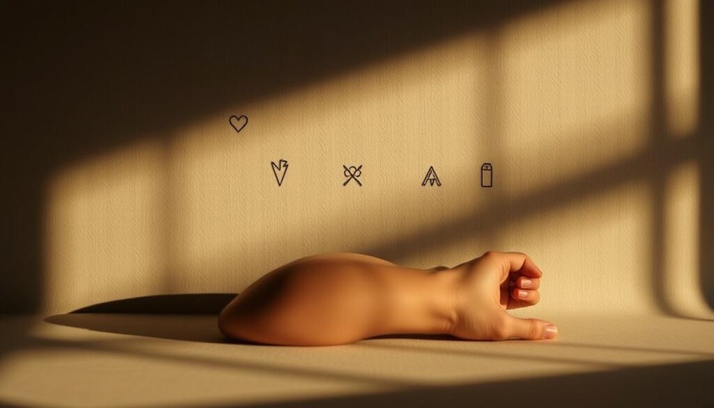 A serene, dimly lit scene showcasing a collection of minimalist, meaningful tattoo designs on a neutral, textured background. The tattoos are displayed in a tasteful, artful arrangement, highlighting their symbolic simplicity and elegance. Soft, warm lighting casts gentle shadows, creating depth and a contemplative atmosphere. The tattoos are diverse in their motifs, ranging from delicate line drawings to subtle geometric patterns, each one a personal expression of the wearer's journey. The overall composition exudes a sense of thoughtfulness and quiet introspection, inviting the viewer to appreciate the beauty and significance of these small, yet impactful, body art pieces.