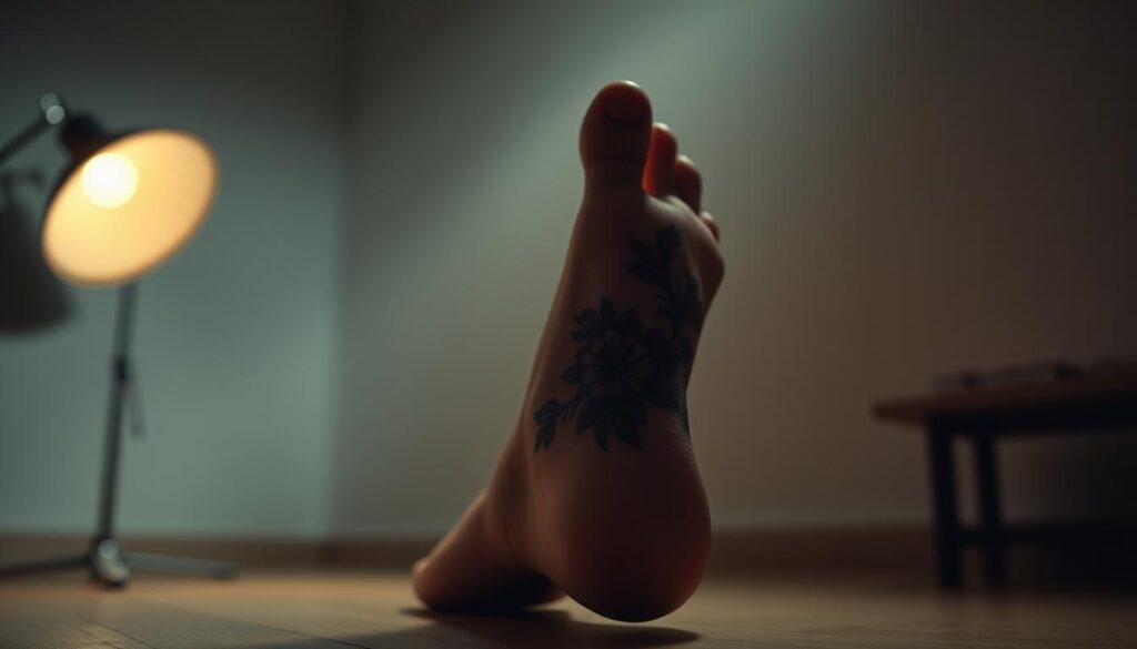 A serene, dimly lit studio setting with a person's foot prominently displayed. The foot is adorned with a delicate, intricate tattoo design featuring intricate floral patterns and subtle shading. The lighting is soft and diffused, creating a warm, contemplative atmosphere. The background is blurred, allowing the tattoo to be the focal point. The camera angle is slightly elevated, providing a close-up, detailed view of the tattoo. The overall mood is one of thoughtful consideration, inviting the viewer to ponder the pros and cons of getting a foot tattoo.