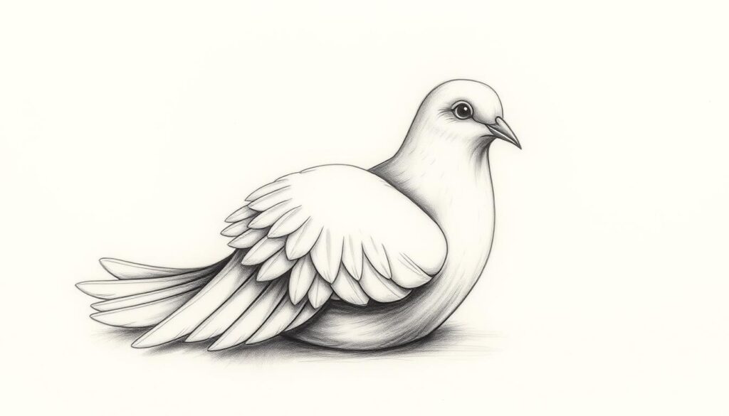 A serene dove tattoo design, its delicate feathers captured in intricate detail. The bird rests gracefully, its wings spread against a softly lit background, evoking a sense of tranquility and spiritual connection. The design showcases a masterful blend of realism and artistry, with subtle shadows and highlights adding depth and dimension. The dove's gentle gaze conveys a message of peace, hope, and the divine. Rendered in a realistic medium like charcoal or ink, this tattoo design would be a stunning addition to the wearer's body art, perfectly capturing the essence of the "Heaven Dove" theme.