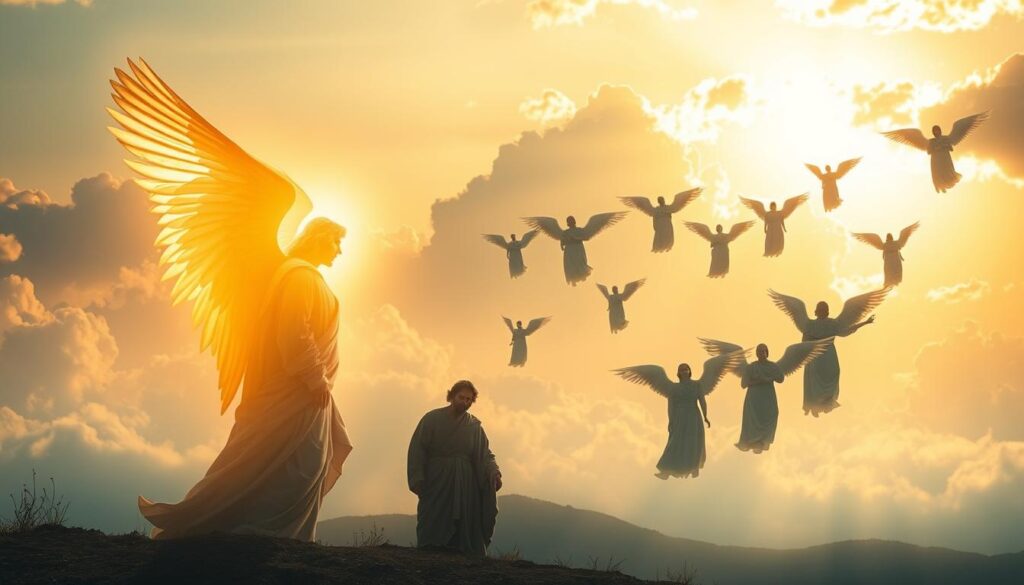 A serene, ethereal scene of angelic visitations from the Old Testament. In the foreground, a glowing, winged figure appears before a humble biblical figure, radiating a divine, otherworldly presence. In the middle ground, a chorus of angels descends from the heavens, their forms shimmering with celestial light. The background is a vast, cloud-filled sky, bathed in the warm glow of a setting sun, creating a sense of awe and reverence. The composition is balanced, with the angels positioned to draw the viewer's eye towards the central interaction. The lighting is soft and diffuse, lending an air of mystery and wonder to the scene. This image captures the profound, supernatural encounters between mortals and the messengers of God as recounted in the Old Testament.