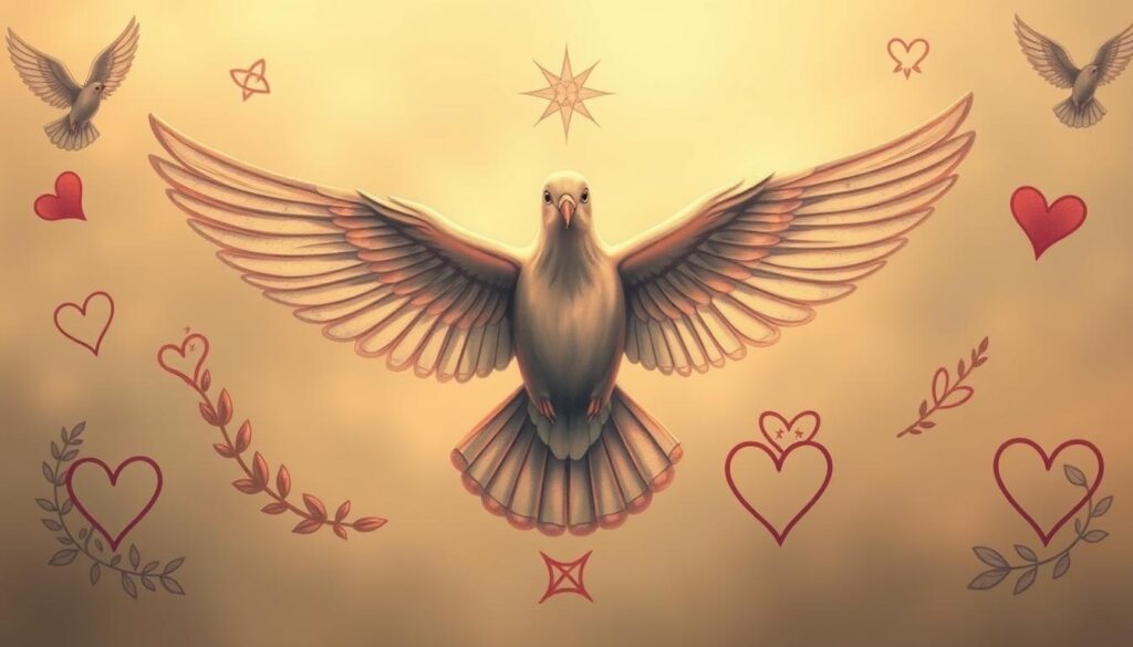 A serene, ethereal scene of delicate dove tattoo designs, rendered in a soft, painterly style. The focal point is a central dove, its wings outstretched in a graceful, majestic pose, its feathers meticulously detailed. Surrounding the dove are complementary designs, such as olive branches, heart motifs, and celestial elements, all in a harmonious, balanced composition. The lighting is warm and diffused, creating a calming, spiritual atmosphere. The background is hazy and dreamlike, allowing the tattoo designs to take center stage. The overall impression is one of tranquility, meaningful symbolism, and a touch of the divine.