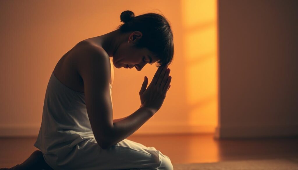 A serene figure kneels in prayer, hands clasped, head bowed in a posture of solemn devotion. Soft, warm lighting from an unseen source casts a gentle glow, creating an atmosphere of reverence and introspection. The background is blurred, with only hints of a simple, minimalist setting, allowing the subject to be the focal point. The expression on the figure's face conveys a sense of vulnerability, determination, and a fervent plea for deliverance from the shackles of pornography. The overall mood is one of soulful supplication, a heartfelt petition for divine intervention and freedom from a debilitating addiction.