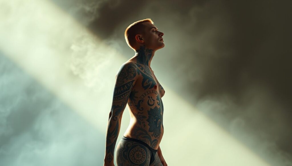 A serene figure stands in a beam of soft, diffused light, their body a canvas of intricate tattoos that flow like a river of ink across their skin. The tattoos are a vibrant tapestry of symbols, patterns, and abstract forms, each one a unique expression of the individual's identity, experiences, and inner world. The pose is one of quiet contemplation, the subject's gaze turned inward as they connect with the art that adorns their body. The background is hazy and atmospheric, lending a dreamlike quality to the scene, as if the subject has stepped into a realm of pure artistic expression. The overall mood is one of introspection, self-reflection, and the celebration of the human form as a medium for artistic exploration.