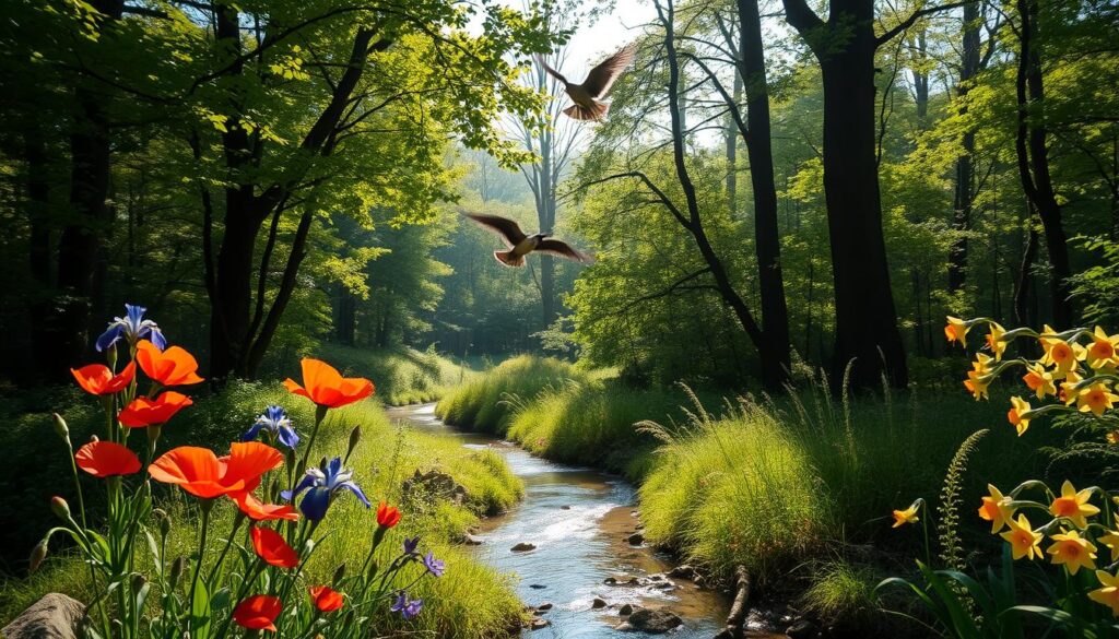 A serene forest glade, sunlight filtering through the lush canopy of verdant foliage. In the foreground, delicate wildflowers bloom in a riot of colors - crimson poppies, indigo irises, and golden daffodils. Winding through the undergrowth, a meandering stream sparkles with crystal-clear water. On the banks, intricate tattoo designs inspired by nature's bounty unfurl, their organic lines and patterns seamlessly blending with the surrounding landscape. A pair of graceful birds soar overhead, casting gentle shadows on the tranquil scene. The overall mood is one of harmony and balance, inviting the viewer to immerse themselves in this idyllic, nature-inspired haven.