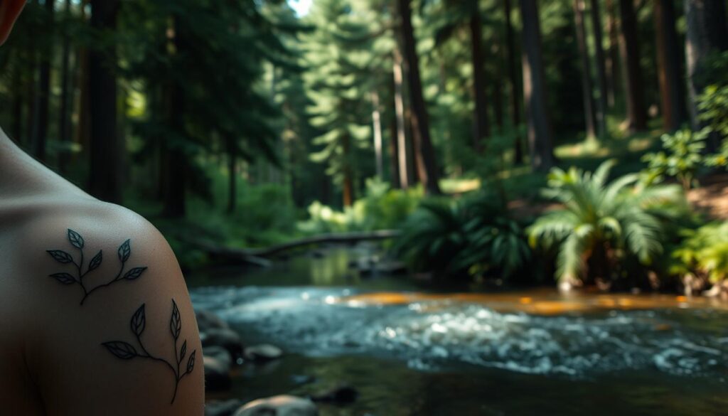 A serene forest scene, illuminated by soft, natural lighting. In the foreground, delicate line tattoos of botanical elements - leaves, branches, and abstract floral motifs - adorn the subject's skin. The middle ground features a tranquil stream, its rippling waters reflecting the verdant canopy above. In the background, towering pine trees sway gently, creating a sense of peaceful solitude. The overall atmosphere evokes a harmonious connection between the human form and the natural world.