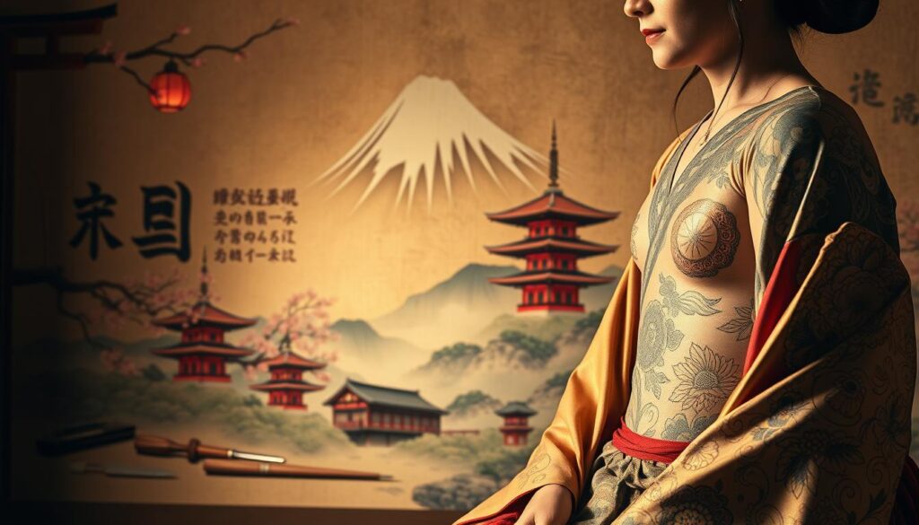A serene, historical scene depicting the evolution of Japanese tattooing over the ages. In the foreground, intricate irezumi designs adorn the skin of a tranquil figure, their kimono flowing gracefully. The middle ground showcases traditional tattooing tools and techniques, while the background features a mountainous landscape with pagodas and cherry blossoms, conveying the deep cultural significance of this art form. Soft, natural lighting casts a warm, contemplative glow, inviting the viewer to immerse themselves in the rich tapestry of Japanese tattoo history.