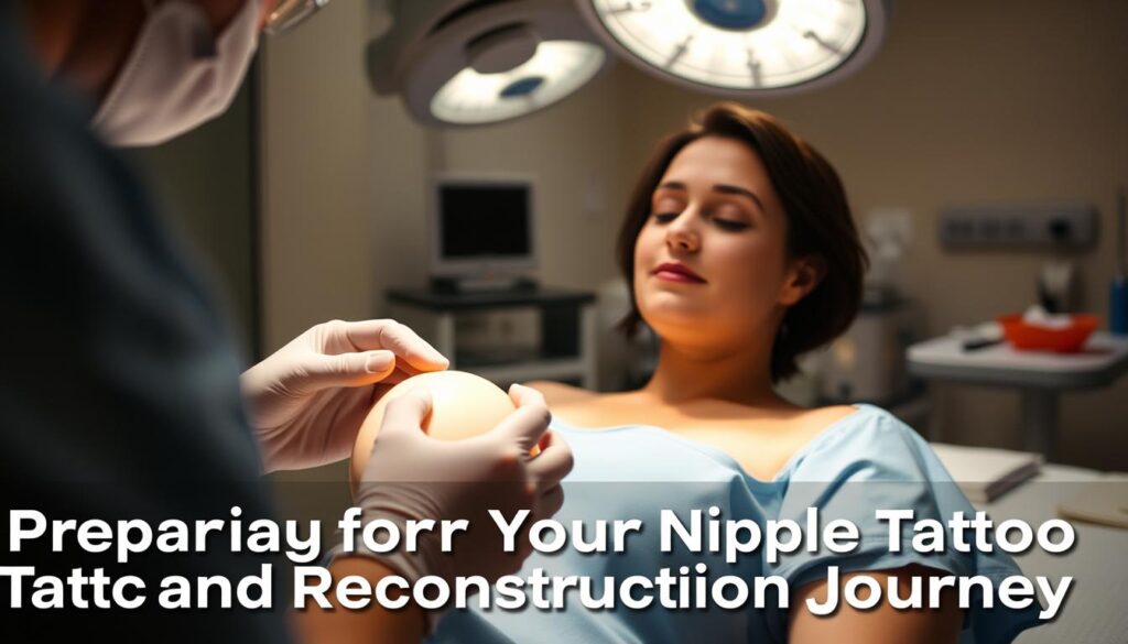 A serene hospital room, soft lighting illuminating a patient undergoing breast reconstruction surgery. In the foreground, the surgeon's skilled hands carefully shaping the new breast form, with delicate precision. In the middle ground, the patient rests peacefully, their face conveying a sense of hope and anticipation for the journey ahead. The background subtly suggests the passage of time, with medical equipment and supplies hinting at the care and support provided throughout the reconstruction process. The overall atmosphere is one of professionalism, empathy, and the patient's resilience, capturing the essence of "Preparing for Your Nipple Tattoo and Reconstruction Journey".
