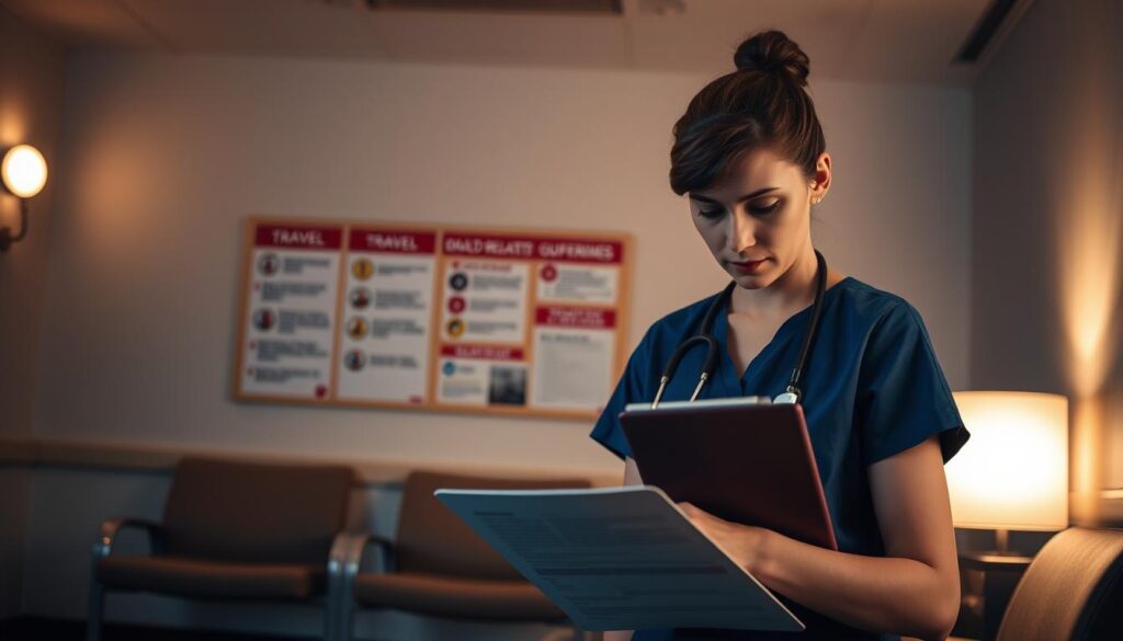 A serene hospital waiting room, dimly lit with warm, diffused lighting. In the foreground, a person fills out a travel-related questionnaire, their expression pensive. Behind them, a nurse in a crisp uniform stands ready, clipboard in hand. In the background, a bulletin board displays travel-related deferral guidelines, their colors muted to convey a sense of caution. The overall atmosphere is one of quiet contemplation, as the subject navigates the complexities of blood donation eligibility.