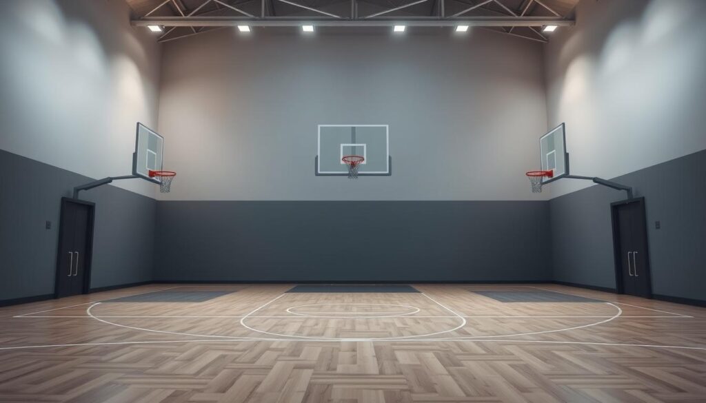 A serene indoor basketball court bathed in soft, diffused lighting. Elegant, soundless hoops hover effortlessly in the foreground, their smooth surfaces reflecting the ambient glow. The middle ground showcases a clean, polished hardwood floor, devoid of scuffs or squeaks. In the background, a muted color palette of grays and blues creates a calming, contemplative atmosphere, inviting players of all ages to experience the tranquility of silent basketball.