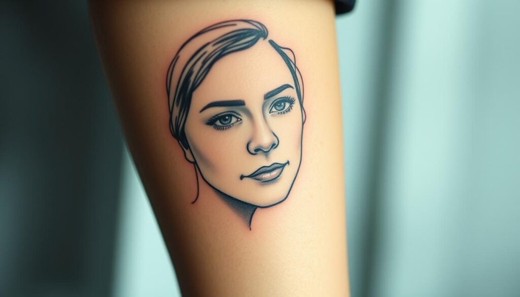 A serene, intimate portrait tattoo of a loved one, captured in delicate lines and soft shades. The subject's face, rendered in muted tones, takes center stage, with a pensive, heartfelt expression. The background is hazy and blurred, evoking a sense of emotional depth and personal significance. The tattoo is depicted as a work of art, its details meticulously crafted to honor the memory of the departed. Subtle lighting casts gentle shadows, adding depth and dimension to the design. The overall tone is somber yet thoughtful, reflecting the bittersweet nature of remembering a loved one through a small, meaningful tattoo.
