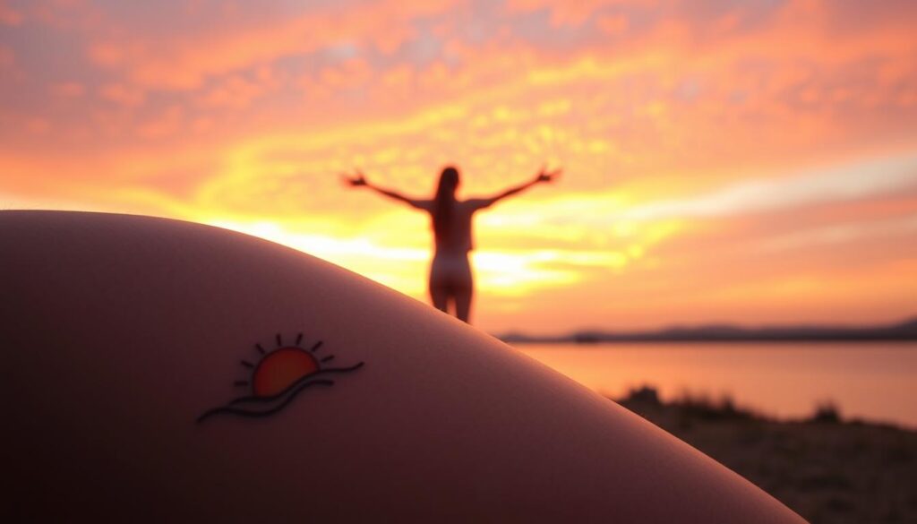 A serene landscape at dawn, the sky ablaze with hues of orange, pink, and lavender. In the foreground, a delicate tattoo of a rising sun graces the skin, symbolizing a fresh start, a new chapter unfolding. The tattoo's intricate design features elegant lines and a luminous glow, mirroring the tranquil beauty of the natural scene. In the middle ground, a silhouetted figure stands with arms outstretched, embracing the promise of a new day. The background features a tranquil lake, its surface reflecting the stunning celestial display above. Soft, diffused lighting bathes the entire scene, creating a sense of warmth and hope. The overall composition conveys a feeling of rebirth, a celebration of the boundless potential of new beginnings.
