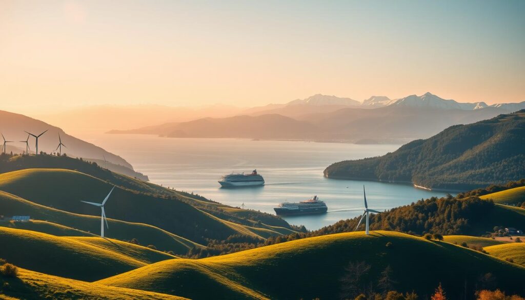 A serene, lush landscape depicting eco-friendly nations, bathed in warm, golden sunlight. In the foreground, verdant rolling hills dotted with wind turbines and solar panels, symbolizing renewable energy. The middle ground features a panoramic view of pristine coastlines, with ships powered by sustainable technologies gliding across the calm, azure waters. In the distance, snow-capped mountain peaks rise majestically, their slopes covered in dense, healthy forests. The overall atmosphere conveys a sense of harmony between human progress and environmental preservation, showcasing the potential for nations to coexist in an eco-friendly manner.