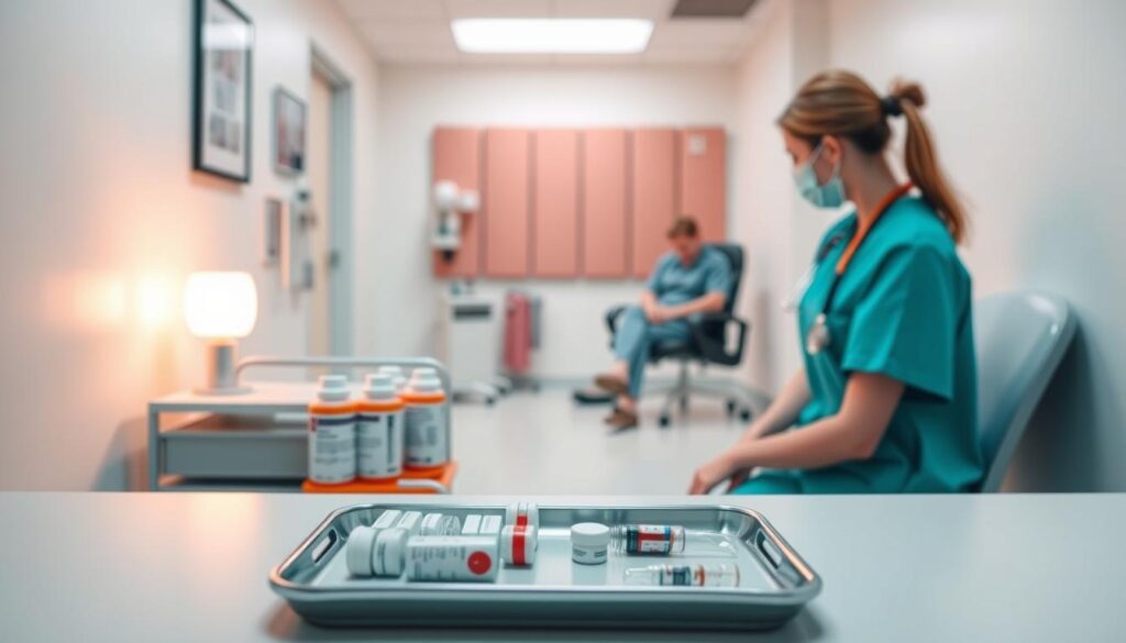 A serene medical setting, a nurse's station in the foreground, crisp white walls, and a subtle calming ambiance. In the middle ground, neatly arranged medication bottles and a tray with sterile medical supplies, conveying a sense of care and professionalism. In the background, a blood donation station with a comfortable chair, a nurse assisting a donor, and a warm, inviting atmosphere that puts the subject at ease. Soft, diffused lighting creates a soothing, reassuring mood, and the composition is balanced, leading the viewer's eye through the scene. An image that visually communicates the section's focus on medication and vaccination considerations in the blood donation process.