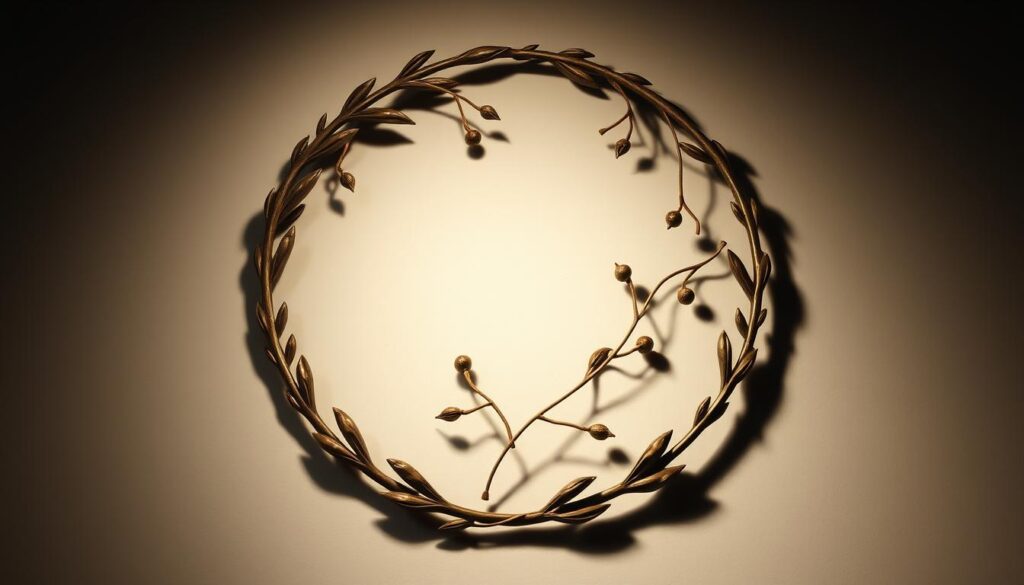 A serene memorial symbol design, a stylized laurel wreath with delicate vines and leaves, casting soft shadows on a dimly lit backdrop. The wreath is made of bronze or brass, with a weathered, timeworn texture, reflecting the passage of time. The leaves and vines are rendered in a muted, earthy palette, evoking a sense of tranquility and reverence. The lighting is subtle, with a warm, diffused glow, creating a contemplative atmosphere. The composition is balanced and centered, allowing the symbol to take center stage, inviting the viewer to reflect on its meaning and significance.