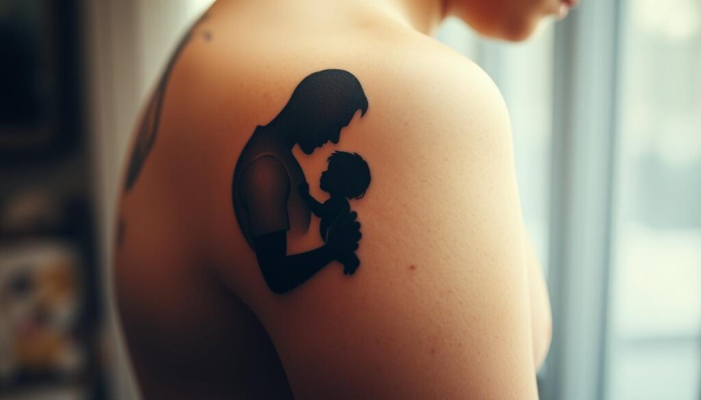 A serene memorial tattoo design, featuring a delicate silhouette of a father and child, their bond everlasting. Soft, muted tones create an intimate, contemplative atmosphere, as if captured in a moment of quiet reflection. The tattoo design is minimalist yet profound, with clean lines and subtle shading conveying the profound love and loss. Backlit by a warm, diffused glow, the design suggests a sense of tranquility and acceptance, a tribute to a life cherished. The composition is balanced, the focus drawn to the central image, inviting the viewer to pause and reflect on the enduring connection between a father and child.