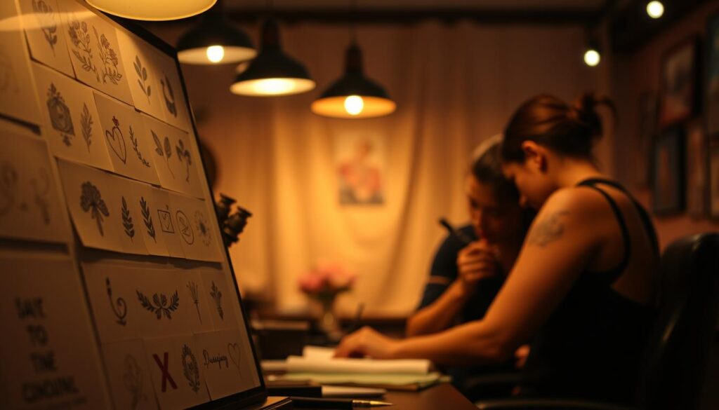 A serene memorial tattoo parlor, dimly lit with warm overhead lighting casting a soft glow. The foreground features an arrangement of memorial tattoo designs, including delicate floral motifs, symbolic icons, and simple cursive script. In the middle ground, a skilled tattoo artist carefully inks a thoughtful design on a client's skin, capturing the essence of a cherished memory. The background blurs into a tranquil, contemplative atmosphere, evoking a sense of reverence and healing. The overall scene conveys the meaningful and personal nature of memorial tattoos as a way to honor and remember loved ones.