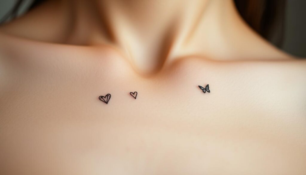 A serene, minimalist close-up of delicate, feminine tattoos arranged in a visually appealing composition. The tattoos are crisp and well-defined, with clean lines and subtle shading. They are depicted against a soft, out-of-focus background, perhaps a patch of skin or a neutral surface, to keep the focus on the intricate design details. The lighting is soft and diffused, creating a gentle, elegant mood. The camera angle is slightly elevated, providing a clear, unobstructed view of the tattoos. The overall tone is one of understated sophistication, reflecting the essence of small, meaningful tattoos for women.