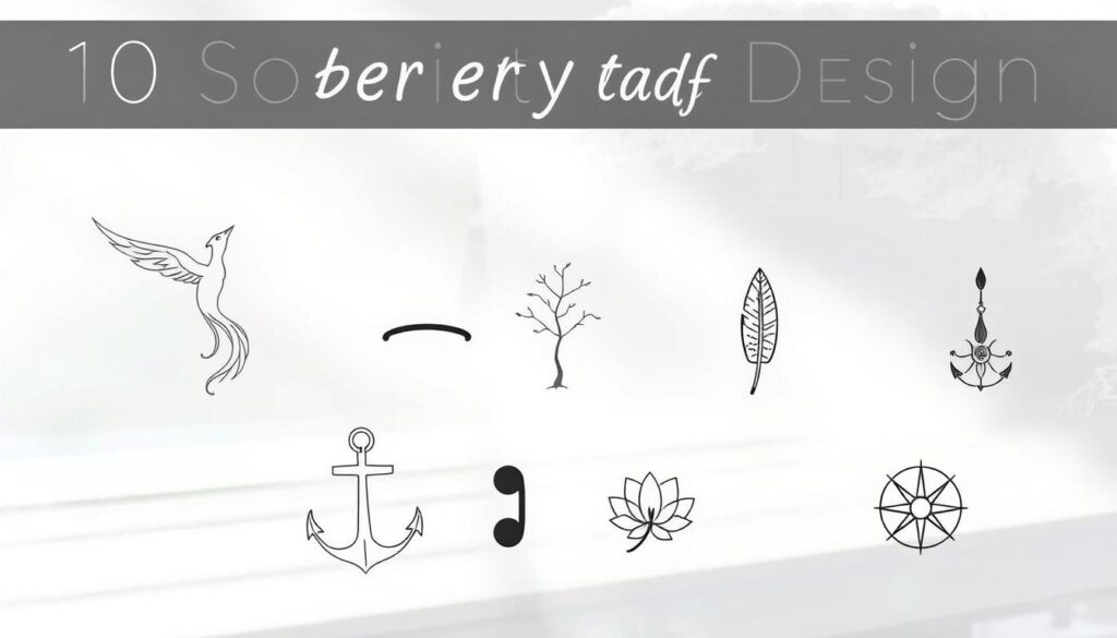 A serene, minimalist composition depicting 10 popular sobriety tattoo designs, each with a distinct symbolic meaning. In the foreground, detailed line-art illustrations of a phoenix, an anchor, a semicolon, and a lotus flower. In the middle ground, simple silhouettes of a tree, a feather, and a compass. In the background, subtle watercolor washes of muted blues, greens, and grays, creating a calming, reflective atmosphere. Soft, diffused natural lighting illuminates the designs, highlighting their intricate details and symbolic significance. The overall mood is one of introspection, resilience, and personal growth.
