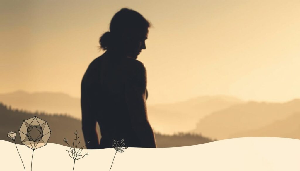 A serene, minimalist composition showcasing symbolic aesthetic tattoos. In the foreground, delicate line art depicts geometric shapes, minimalist botanical elements, and abstract patterns, rendered in soft, muted tones. The middle ground features a shadowy, enigmatic human form, the tattoos on their skin becoming the focal point, their details subtly revealed by warm, diffused lighting. The background is a tranquil, hazy landscape, hinting at natural settings like forests or mountainsides, creating a contemplative, introspective atmosphere. The overall mood is one of quiet contemplation, inviting the viewer to meditate on the hidden meanings and personal significance of these symbolic tattoo designs.