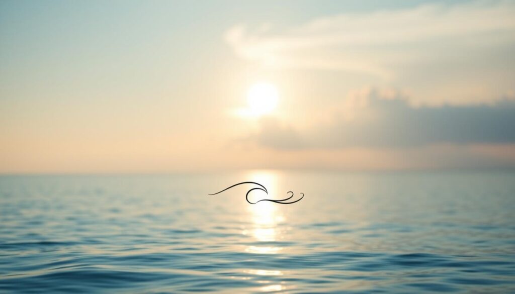 A serene, minimalist ocean tattoo design on a tranquil seascape. In the foreground, a simple line-art representation of a wave or a stylized nautical element like an anchor or compass rose, rendered in soft, monochromatic shades. The middle ground features a subtly textured backdrop of muted blues and greens, evoking the calming depths of the ocean. The background showcases a softly blurred horizon, with a hazy sun peeking through wispy clouds, casting a warm, natural glow. The overall composition is clean, balanced, and focused on the elegant minimalism of the tattoo design, creating a visually striking and introspective piece.
