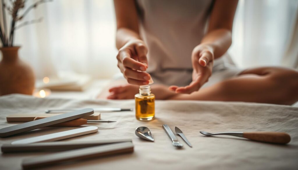 A serene, minimalist scene of a person's hands delicately caring for their nails. The foreground showcases a variety of nail care tools - emery boards, cuticle pushers, and nail buffers - arranged neatly on a soft, neutral-toned surface. The middle ground depicts the person's hands gently massaging cuticle oil into their nails, with a focused, meditative expression. The background is hazy and blurred, creating a sense of calm and tranquility. Warm, diffused lighting from an unseen source casts a gentle glow, emphasizing the act of self-care and mindfulness. The overall mood is one of quiet contemplation and personal restoration. A serene, minimalist scene of a person's hands delicately caring for their nails. The foreground showcases a variety of nail care tools - emery boards, cuticle pushers, and nail buffers - arranged neatly on a soft, neutral-toned surface. The middle ground depicts the person's hands gently massaging cuticle oil into their nails, with a focused, meditative expression. The background is hazy and blurred, creating a sense of calm and tranquility. Warm, diffused lighting from an unseen source casts a gentle glow, emphasizing the act of self-care and mindfulness. The overall mood is one of quiet contemplation and personal restoration.