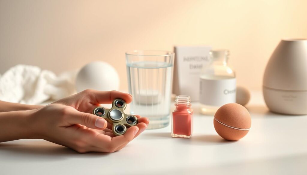 A serene, minimalist still life scene showcasing several effective strategies to curb nail-biting habits. In the foreground, a pair of well-manicured hands gently hold a small fidget spinner, a tactile distraction tool. In the middle ground, a glass of water and a jar of bitter nail polish stand ready to discourage the habit. The background features a soft, out-of-focus arrangement of other self-care items like a stress ball, a mindfulness journal, and a soothing essential oil diffuser, all bathed in warm, diffused lighting for a calming, spa-like atmosphere. The overall mood is one of focus, patience, and self-care. A serene, minimalist still life scene showcasing several effective strategies to curb nail-biting habits. In the foreground, a pair of well-manicured hands gently hold a small fidget spinner, a tactile distraction tool. In the middle ground, a glass of water and a jar of bitter nail polish stand ready to discourage the habit. The background features a soft, out-of-focus arrangement of other self-care items like a stress ball, a mindfulness journal, and a soothing essential oil diffuser, all bathed in warm, diffused lighting for a calming, spa-like atmosphere. The overall mood is one of focus, patience, and self-care.