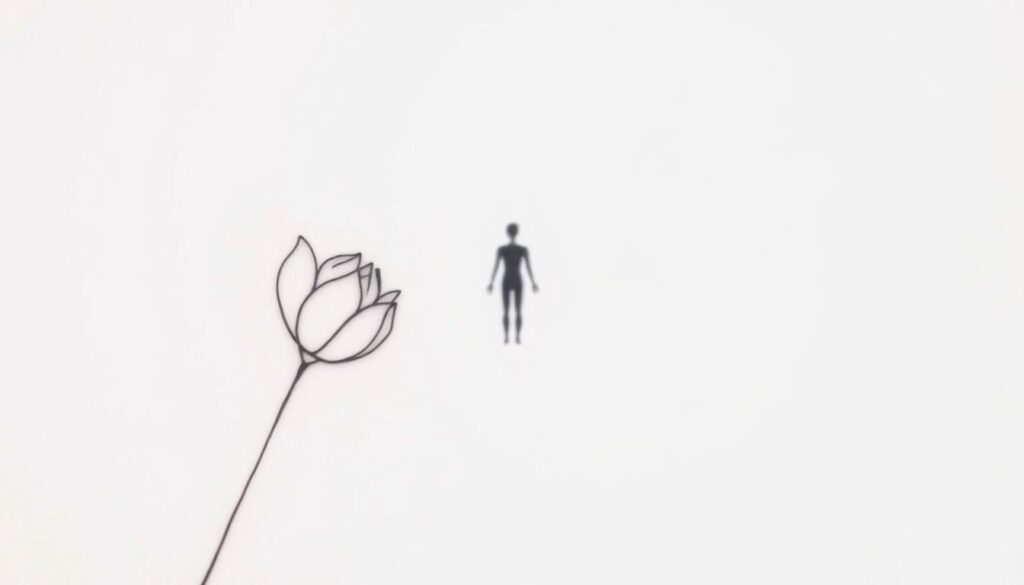 A serene, minimalist tattoo design representing personal growth. A delicate line drawing of a blooming flower or botanical motif in the foreground, depicted in shades of soft gray and pastel hues. The flower symbolizes the gradual unfolding and transformation of the self. The middle ground features a simple, stylized human silhouette, embodying the journey of self-discovery. The background is a clean, neutral tone, allowing the symbolic elements to take center stage. The overall composition has a tranquil, introspective atmosphere, conveying a sense of personal empowerment and inner harmony.