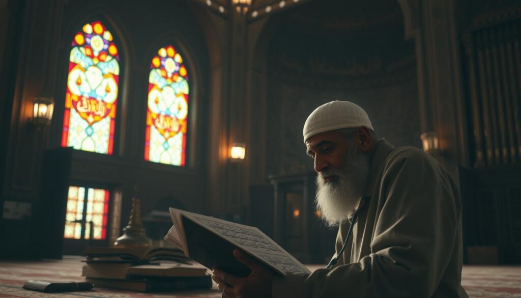A serene mosque interior, dimly lit with warm, soft lighting filtering through stained glass windows. The focus is on a scholar thoughtfully examining Islamic texts, surrounded by intricate Arabic calligraphy and ornate religious artifacts. The scene conveys a sense of contemplation and reverence, highlighting the scholarly and spiritual aspects of Islamic teachings on bodily modifications. The overall atmosphere is one of reverence, tradition, and intellectual inquiry.