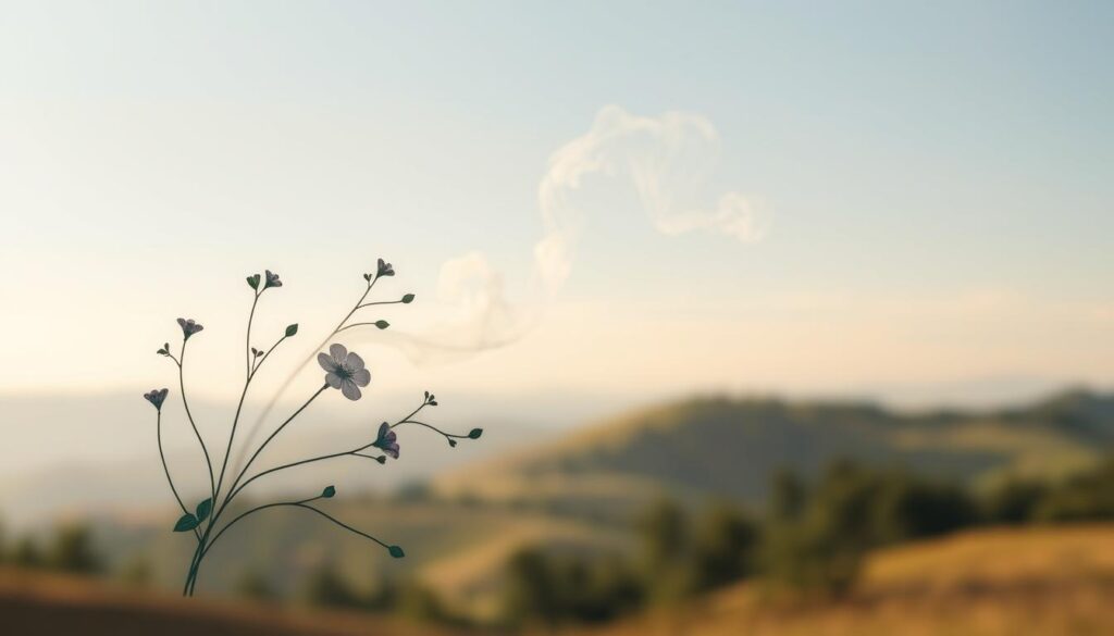 A serene nature-inspired memorial tattoo composed of delicate botanicals, vines, and leaves. The foreground features a minimalist floral motif with soft, wispy lines and muted hues of green, blue, and purple, reflecting the tranquility of the natural world. The middle ground showcases a wisp of smoke or mist, adding a hazy, ethereal quality. The background blends a softly blurred landscape of rolling hills, trees, and a hint of a distant horizon, creating a sense of peace and contemplation. Lit by warm, diffused natural lighting, the overall composition conveys a heartfelt, reverent tribute to a loved one.