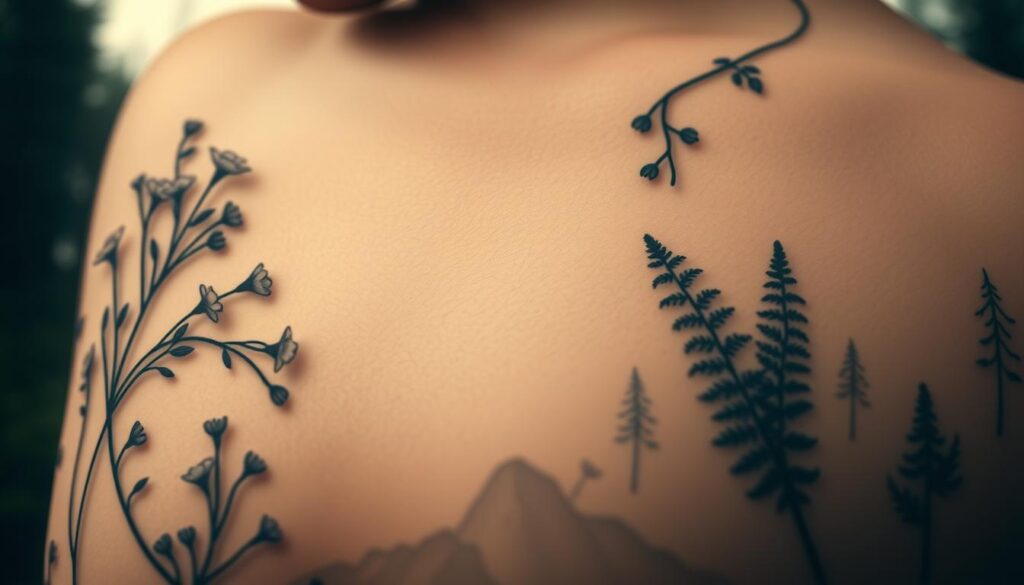 A serene nature-inspired tattoo scene, captured with a close-up lens. In the foreground, delicate floral elements like blooming wildflowers, fern fronds, and trailing vines intertwine gracefully across the skin. The middle ground features subtle silhouettes of trees and foliage, casting a soft, diffused light. In the background, a hazy, dreamlike forest landscape emerges, conveying a sense of tranquility and harmony with the natural world. The overall composition and muted color palette evoke a meditative, introspective mood, reflecting the meaningful connection between the tattoo wearer and the beauty of the natural environment.