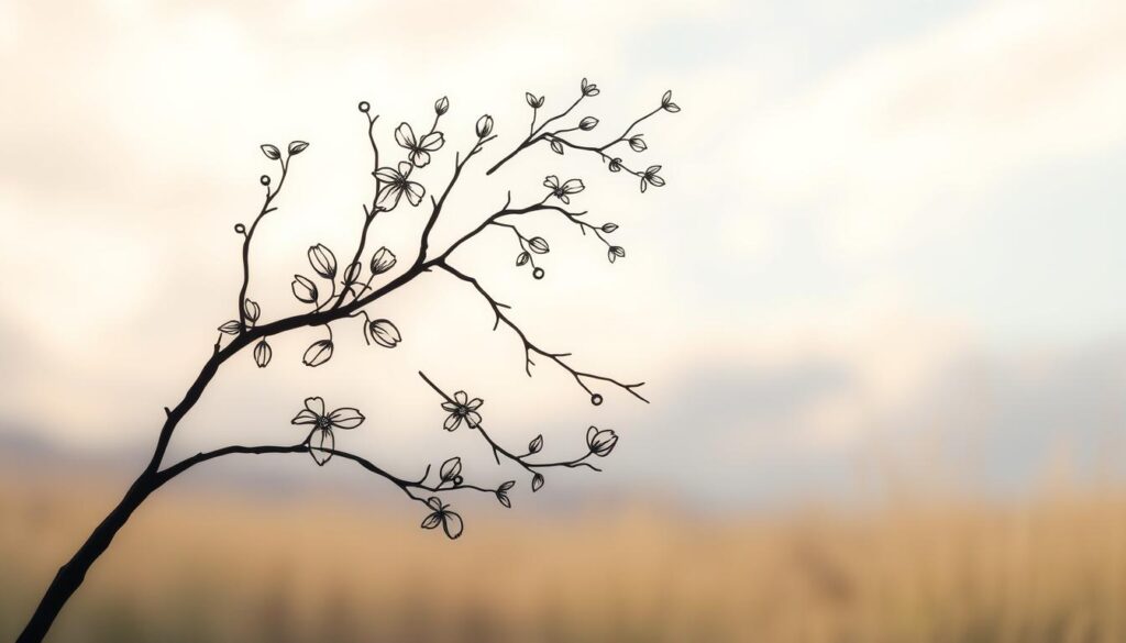 A serene nature memorial tattoo design, featuring a delicate, hand-drawn outline of a tree branch with intertwining leaves and flowers in the foreground. The middle ground showcases an ethereal, soft-focus background with a dreamy, pastel-hued sky and wispy clouds, creating a sense of peaceful tranquility. The composition is illuminated by gentle, diffused lighting that casts subtle shadows, emphasizing the organic, handcrafted feel of the elements. The overall mood is one of contemplative reverence, inviting the viewer to reflect on the beauty and impermanence of life.