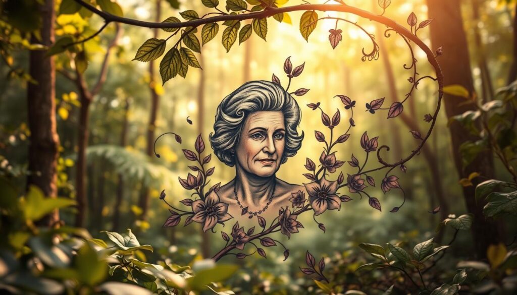 A serene nature scene with a lush forest backdrop, where a detailed and lifelike tattoo of a grandmother's portrait emerges from a swirling, organic design of leaves, flowers, and vines. The tattoo is rendered with exceptional realism, capturing the subject's gentle expression and delicate features. Soft, diffused lighting casts a warm, reverent glow over the composition, creating a sense of tranquility and commemoration. The overall image conveys a heartfelt tribute to a beloved grandparent, blending the permanence of a tattoo with the ephemeral beauty of the natural world.