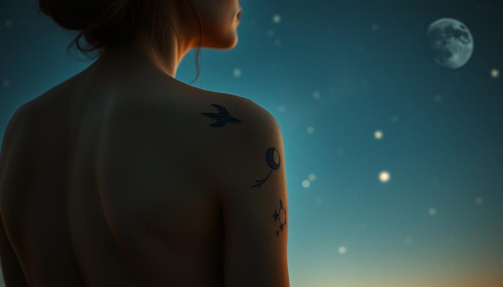 A serene night sky, dotted with shimmering celestial bodies, forms the canvas for delicate, ethereal tattoos. In the foreground, a woman's skin is adorned with intricate designs of crescent moons, twinkling stars, and elegant planetary motifs, captured in a soft, muted palette that evokes the tranquility of the cosmos. The lighting is gentle and diffused, casting a warm, otherworldly glow that highlights the subtle details of the tattoos. The composition is balanced, with the tattoos positioned to draw the eye inward, creating a sense of personal connection between the wearer and the celestial realm. The overall atmosphere is one of quiet contemplation and a profound sense of harmony between the human form and the vast, mysterious universe.