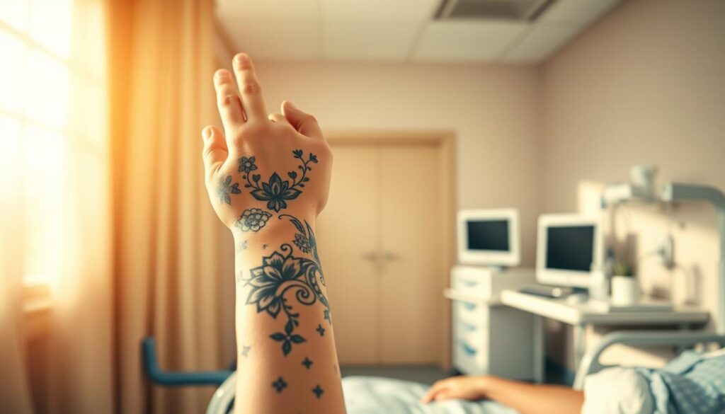 A serene nursing environment, bathed in warm, natural lighting. In the foreground, a nurse's arm, adorned with intricate, creative cover-up tattoos - elegant floral patterns, geometric designs, or symbolic imagery that disguise and transform the underlying ink. The nurse's hand gently tends to a patient, radiating compassion and professionalism. In the middle ground, the nurse's workspace, with organized medical supplies, a computer monitor, and a sense of calm efficiency. The background depicts a tranquil, neutral-toned hospital room, with subtle details that convey the soothing, healing atmosphere of a healthcare setting. Cinematic depth of field, subtle textures, and a harmonious color palette create an image that showcases the nurse's artful approach to covering tattoos while maintaining a professional, patient-focused demeanor.