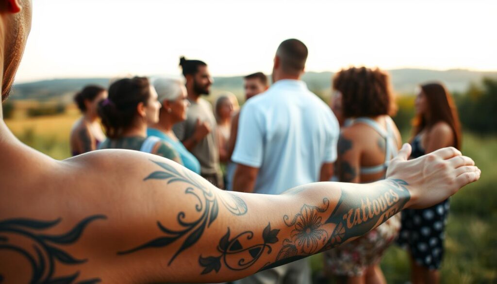 A serene outdoor scene with a diverse group of people, their skin adorned with intricate tattoos of various styles and meanings. The foreground showcases a close-up of a person's arm, the tattoo design flowing seamlessly across their skin, a testament to their personal expression and identity. In the middle ground, the group interacts, their tattoos visible as they converse, highlighting the social dynamics and perceptions surrounding this form of self-expression. The background depicts a peaceful, natural setting, with soft, warm lighting casting a contemplative mood, inviting the viewer to ponder the deeper significance of these body artworks and their impact on individual and societal identity.