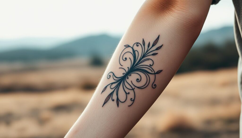 A serene outdoor scene with a person's arm prominently featured, showcasing an intricate tattoo design that interweaves the concepts of life, love, and strength. The tattoo is depicted in vivid detail, with delicate linework and a harmonious color palette of warm, earthy tones. The background features a blurred, tranquil landscape, with soft, diffused lighting that creates a sense of calmness and introspection. The composition emphasizes the beauty and personal significance of the tattoo, inviting the viewer to contemplate the deeper meaning behind the design.