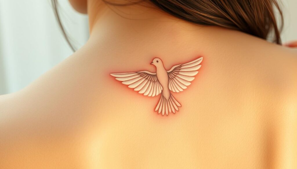 A serene, photorealistic close-up of a delicate dove tattoo design on pale, smooth skin. The feathers are rendered with meticulous detail, each plume capturing the soft, fluffy texture and subtle gradients of light and shadow. The design features the dove in a peaceful, elegant pose, its wings slightly outstretched as if in mid-flight. The tattoo is situated on the upper back, the skin tone providing a warm, natural backdrop that complements the dove's pure white hue. Crisp, natural lighting illuminates the scene, casting gentle shadows that accentuate the tattoo's three-dimensional quality. The overall impression is one of tranquility, grace, and the profound symbolic significance of the dove motif.