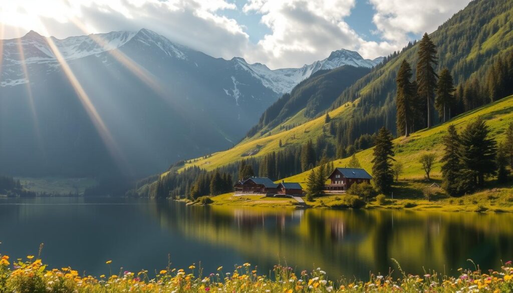 A serene, picturesque landscape of Norway's majestic fjords and lush, verdant forests. In the foreground, a pristine lake reflects the snow-capped peaks of the surrounding mountains, their slopes covered in a blanket of vibrant wildflowers. Rays of warm, golden sunlight filter through wispy clouds, casting a soft, natural glow over the scene. In the middle ground, a small, traditional Norwegian village nestled amidst the rolling hills, its charming wooden houses and quaint, cobblestone streets exuding an atmosphere of tranquility and environmental harmony. In the background, towering evergreen trees sway gently in a refreshing breeze, accentuating the region's unspoiled, eco-friendly charm.