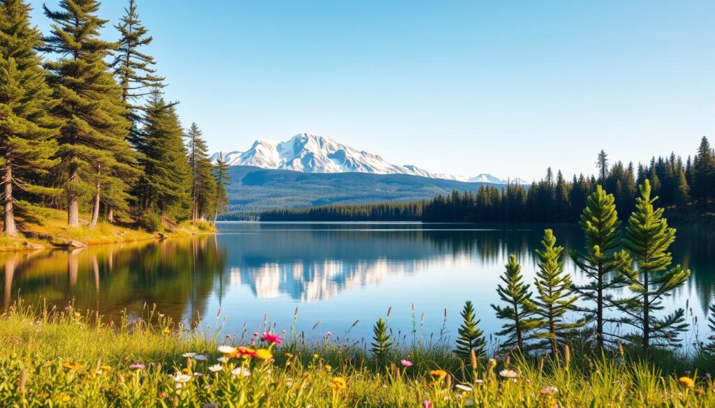 A serene, pristine landscape of Finland's untouched natural beauty. A crystal-clear lake reflects the vibrant greens of lush pine forests, their branches swaying gently in a soft breeze. In the distance, majestic snow-capped mountains rise, their peaks bathed in the warm glow of the sun. Wildflowers carpet the foreground, their delicate petals adding splashes of color to the scene. The air is crisp and clean, untainted by the haze of pollution. This idyllic, pollution-free setting conveys Finland's commitment to environmental preservation and sustainability, serving as a model for the world's cleanest countries.