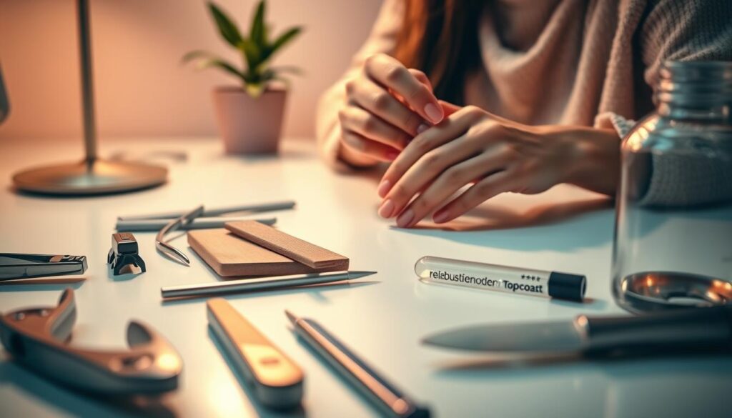 A serene, softly-lit desktop scene showcasing the essential tools for a relaxing nail care routine. In the foreground, an assortment of neatly arranged manicure implements - nail clippers, emery boards, cuticle pushers, and a glass nail file - all cast in warm, diffused light. In the middle ground, a woman's hands gently applying a glossy, fast-drying topcoat to freshly buffed nails. The background features a minimalist, clutter-free workspace with a potted plant and a soothing, pastel-colored wall providing a calming ambiance. The overall mood is one of tranquility and mindful self-care.