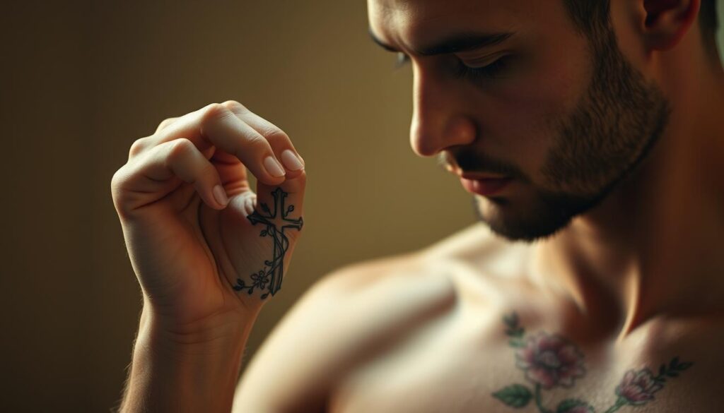 A serene study of a Christian's personal tattoo, thoughtfully considered. The foreground depicts a contemplative hand gently tracing the intricate design - a cross intertwined with delicate floral motifs, symbolizing faith, grace, and the beauty found in spiritual reflection. The middle ground showcases the wearer's pensive expression, their gaze cast downward, conveying a sense of reverence and discernment. The background is softly blurred, creating a tranquil, introspective atmosphere, as if the viewer has been invited into a private moment of quiet deliberation. Warm, muted lighting casts a gentle glow, evoking a mood of sincere personal exploration and the freedom to express one's beliefs through thoughtful self-expression.