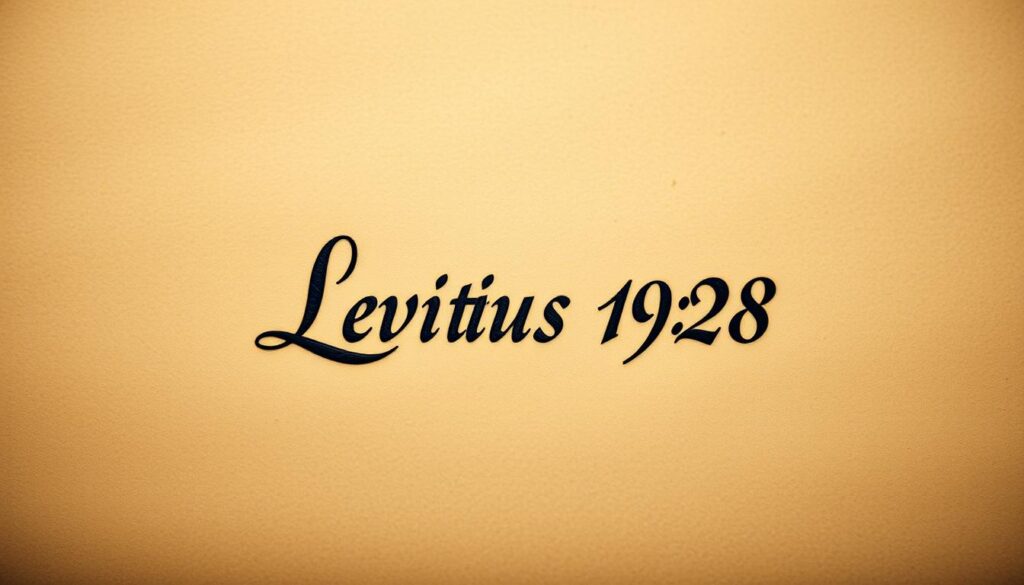 A serene study of a Leviticus 19:28 tattoo against a parchment-like backdrop. The intricate, calligraphic script stands out in warm, muted tones, with subtle shadows and highlights accentuating the depth and texture of the ink. The tattoo is captured in a close-up, high-contrast shot, using soft, directional lighting to create a contemplative, almost spiritual atmosphere. The edges of the frame are gently blurred, drawing the viewer's focus to the central design and its symbolic significance within the historical and biblical context.