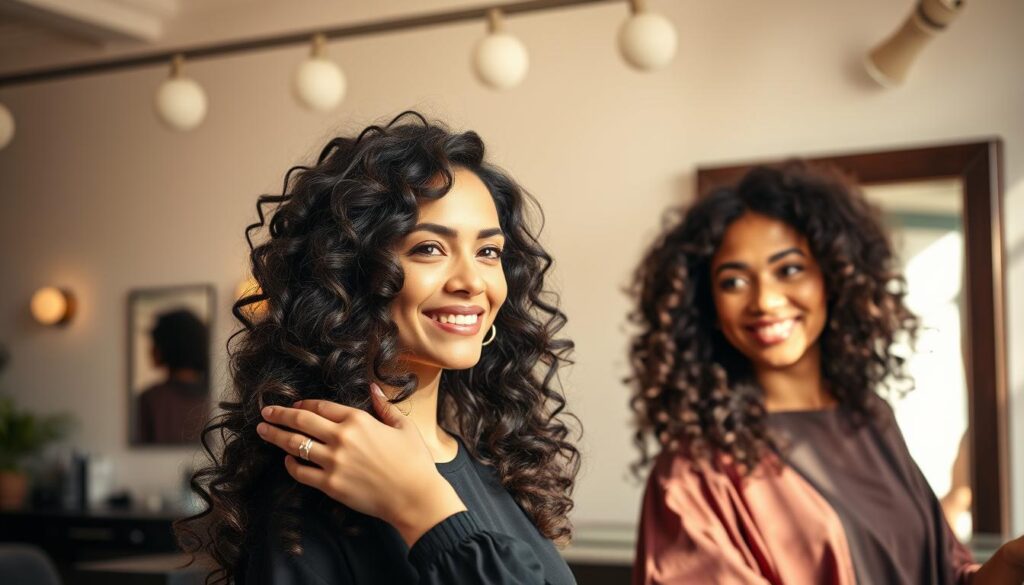 A serene, sun-dappled salon interior, featuring a styling station with a client's lush, voluminous permed locks. The hair stylist's skilled hands gently caress the curls, highlighting their lustrous shine and defined shape. In the background, a wall-mounted mirror reflects the client's radiant, confident expression as they admire their transformed tresses. Soft, diffused lighting from overhead fixtures casts a warm, flattering glow, emphasizing the hair's touchable texture and the client's relaxed, rejuvenated demeanor. The entire scene conveys the calming, rejuvenating benefits of a well-executed perm haircut. A serene, sun-dappled salon interior, featuring a styling station with a client's lush, voluminous permed locks. The hair stylist's skilled hands gently caress the curls, highlighting their lustrous shine and defined shape. In the background, a wall-mounted mirror reflects the client's radiant, confident expression as they admire their transformed tresses. Soft, diffused lighting from overhead fixtures casts a warm, flattering glow, emphasizing the hair's touchable texture and the client's relaxed, rejuvenated demeanor. The entire scene conveys the calming, rejuvenating benefits of a well-executed perm haircut.