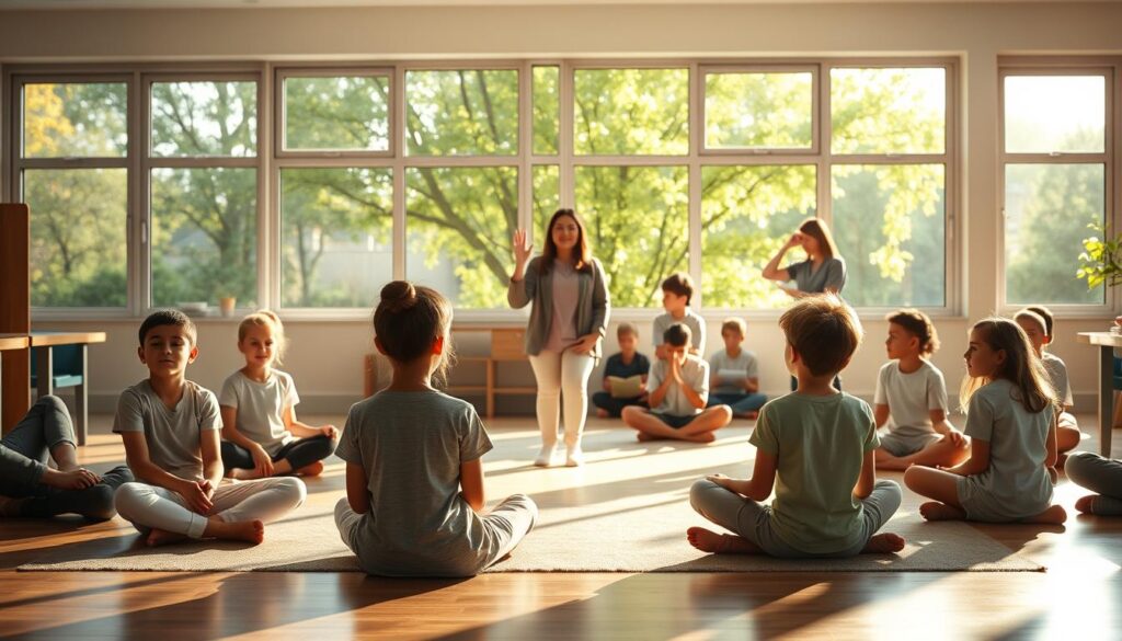 A serene, sunlit classroom with students practicing mindfulness. In the foreground, a group of young students sit cross-legged on the floor, their eyes closed, and their expressions peaceful. They are guided by a teacher at the center, a hand raised in a calming gesture. In the middle ground, other students engage in quiet activities like drawing, journaling, or light stretching, all focused on their inner experiences. The background features large windows overlooking a lush, green schoolyard, creating a sense of openness and connection to nature. The lighting is soft and natural, with a warm, golden hue casting a tranquil atmosphere. A sense of stillness and emotional balance pervades the scene, reflecting the importance of mindfulness for student well-being and academic success.