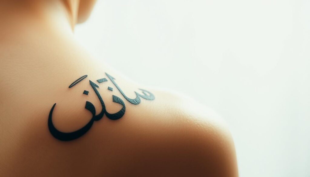 A serene tattoo of calligraphic Arabic script, rendered with intricate detail and precision. The foreground features the flowing, elegant lines of the script, cast in a warm, muted palette that evokes the timeless quality of traditional Islamic art. The middle ground showcases the texture and sheen of the skin, with subtle highlights and shadows that bring depth and dimension to the design. The background fades into a soft, hazy blur, allowing the tattoo to take center stage and command the viewer's attention. The overall atmosphere is one of meditative contemplation, inviting the observer to ponder the intersections of faith, self-expression, and cultural heritage.