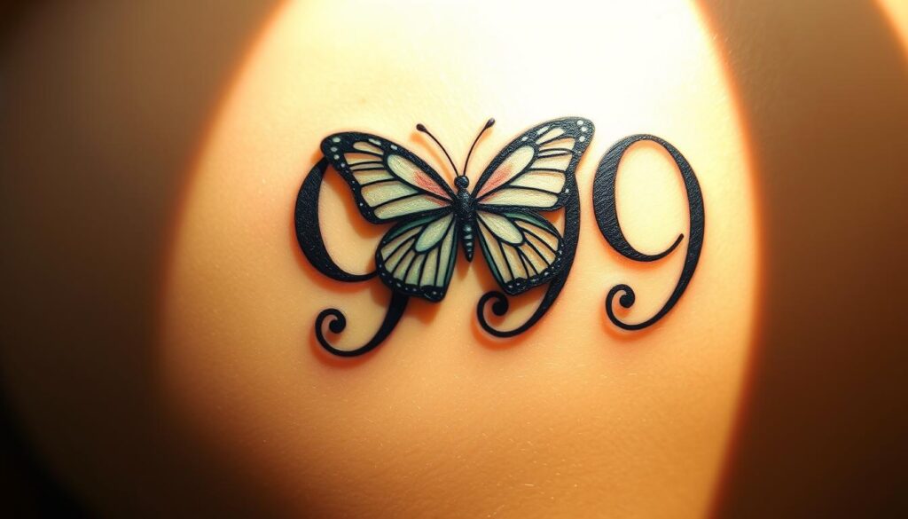 A serene tattoo of the number 999, symbolizing transformation and new beginnings. The design features a graceful butterfly emerging from the numerical motif, its delicate wings unfurling in a captivating display of metamorphosis. The tattoo is depicted in a soft, warm lighting, casting gentle shadows that accentuate the intricate details. The background is a tranquil, ethereal landscape, hinting at the spiritual and emotional journey of personal growth. The overall composition conveys a sense of harmony, hope, and the beauty that can arise from embracing change.