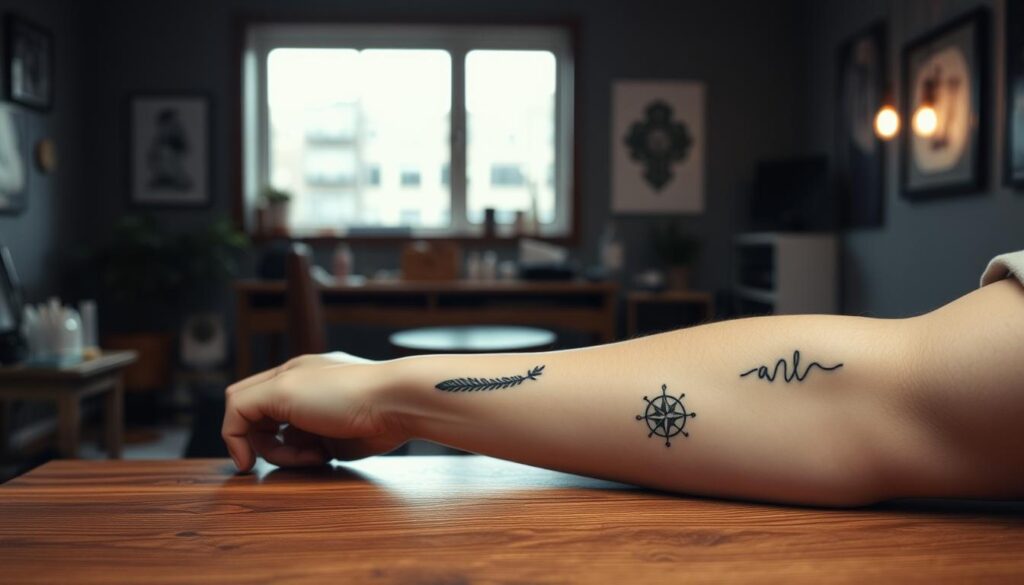 A serene tattoo studio backdrop, with soft natural lighting filtering through a large window. In the foreground, a person's arm rests on a wooden table, showcasing a series of intricate, meaningful tattoos - a delicate feather, a small compass, and an abstract, symbolic design. The tattoos are rendered with precise, fine lines and subtle shading, exuding a sense of thoughtfulness and personal significance. The overall atmosphere is one of quiet contemplation, inviting the viewer to pause and reflect on the stories and experiences embodied in these medium-sized body artworks.