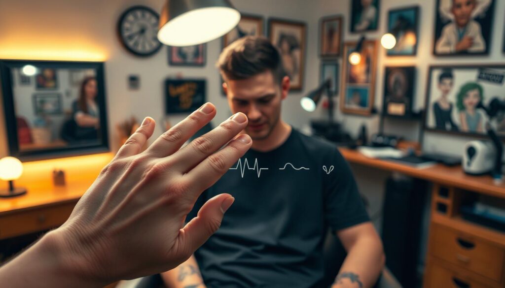 A serene tattoo studio with warm, focused lighting. In the foreground, a hand delicately tracing different types of tattoo sensations - a sharp sting, a dull ache, a throbbing pulse, and a tingling vibration. The middle ground features a person receiving a tattoo, their face expressing a range of emotions from mild discomfort to intense focus. In the background, various tattoo equipment and artwork create a professional, artistic atmosphere. The scene conveys the diverse and subjective nature of tattoo pain, inviting the viewer to explore and understand their own tattoo experience.
