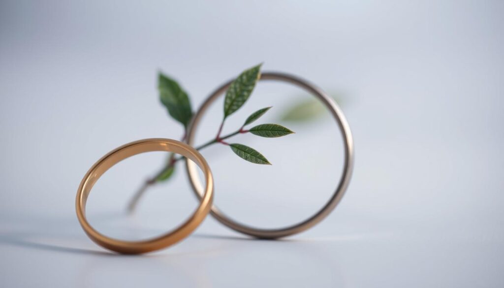 A serene trio of symbolic elements, captured in a close-up, high-resolution photograph with a shallow depth of field. In the foreground, three interlocking rings in shades of gold, silver, and bronze, representing the bond between three individuals. In the middle ground, a delicate sprig of three leaves, each swaying gently in a soft, natural lighting. In the background, a muted, ethereal gradient of blues and purples, creating a tranquil, meditative atmosphere. The overall composition conveys a sense of unity, harmony, and the meaningful connection between three souls.